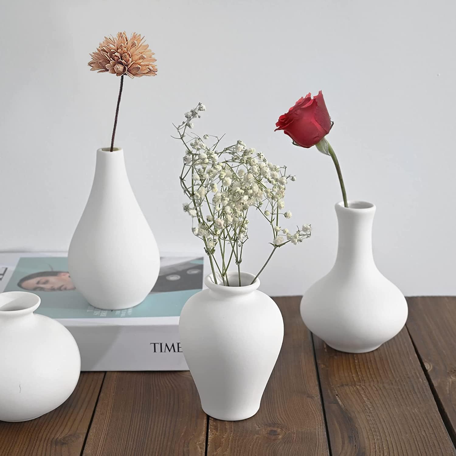 Set of 5 Ceramic White Vases for Home Decor