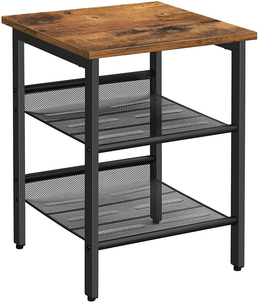 Side Table Steel Frame with 2 Adjustable Mesh Shelves - Rustic Brown and Black