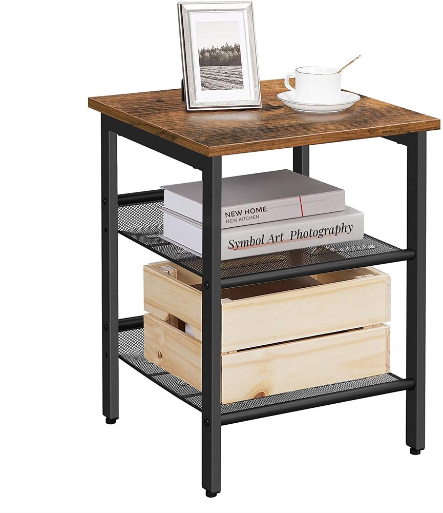 Side Table Steel Frame with 2 Adjustable Mesh Shelves - Rustic Brown and Black