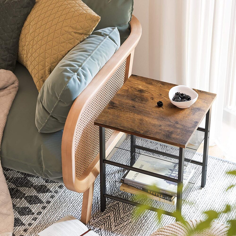 Side Table Steel Frame with 2 Adjustable Mesh Shelves - Rustic Brown and Black