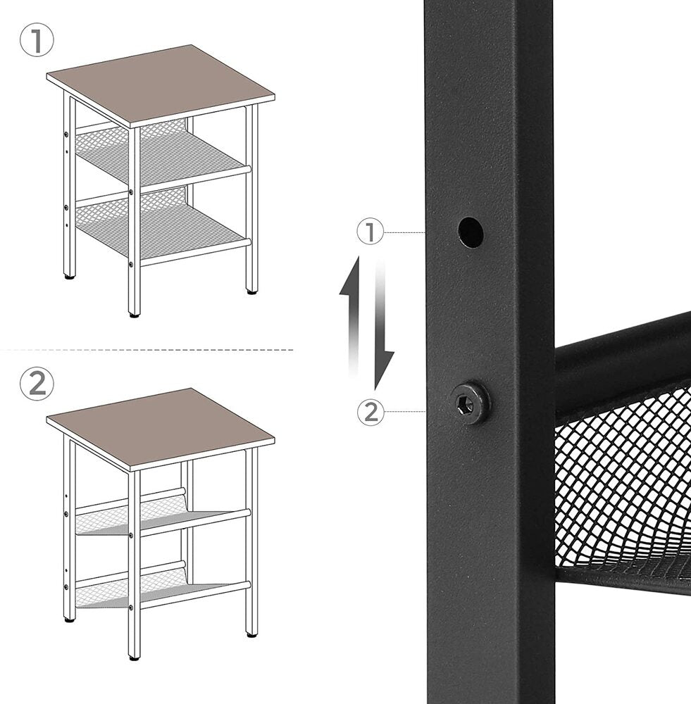 Side Table Steel Frame with 2 Adjustable Mesh Shelves - Rustic Brown and Black