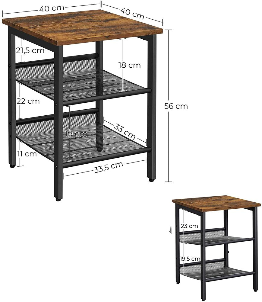 Side Table Steel Frame with 2 Adjustable Mesh Shelves - Rustic Brown and Black