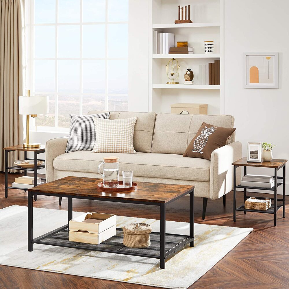 Coffee Table Living Room Table with Dense Mesh Shelf Stable Industrial Design - Rustic Brown