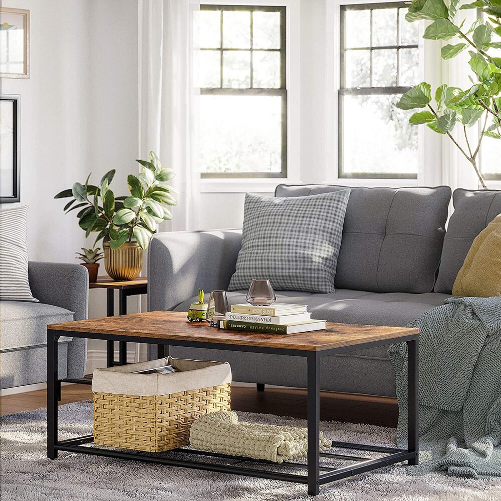 Coffee Table Living Room Table with Dense Mesh Shelf Stable Industrial Design - Rustic Brown