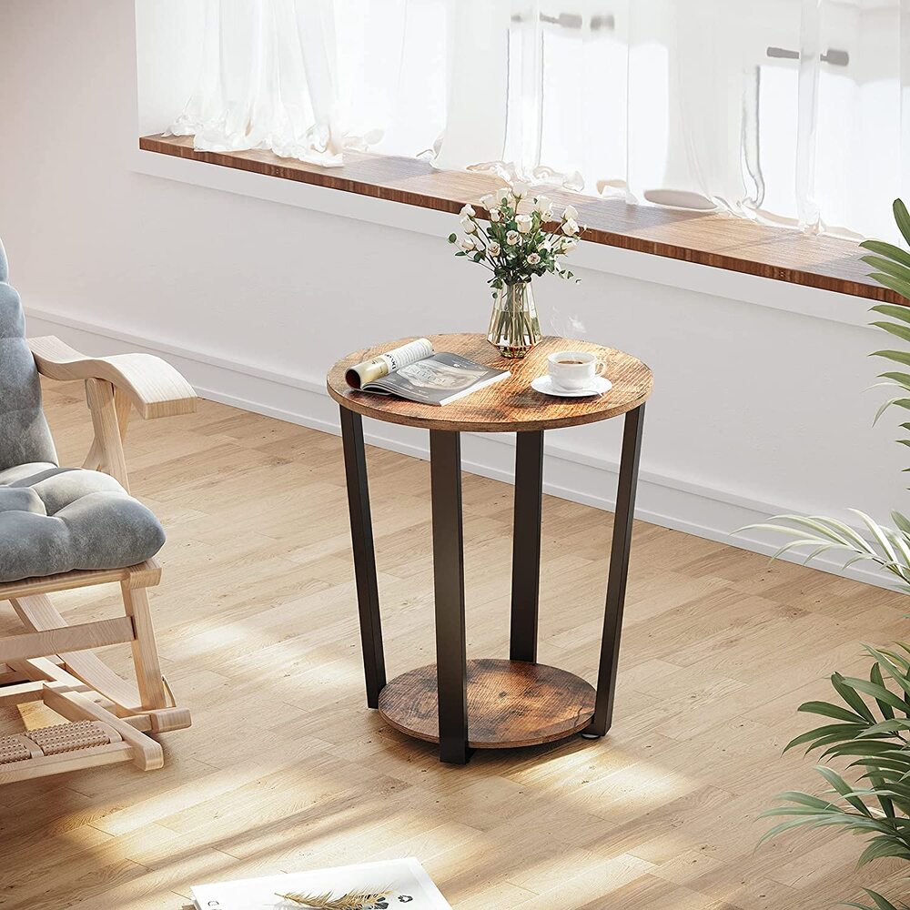 Industrial Style Side Coffee Table Round Sofa Table With Iron Frame - Rustic Brown