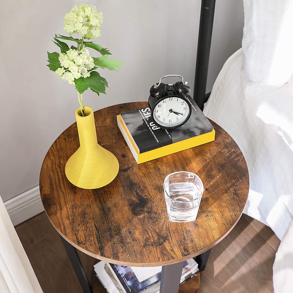 Industrial Style Side Coffee Table Round Sofa Table With Iron Frame - Rustic Brown