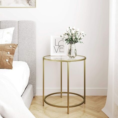 Round Side Table Tempered Glass with Metal Frame Small Coffee Table - Gold