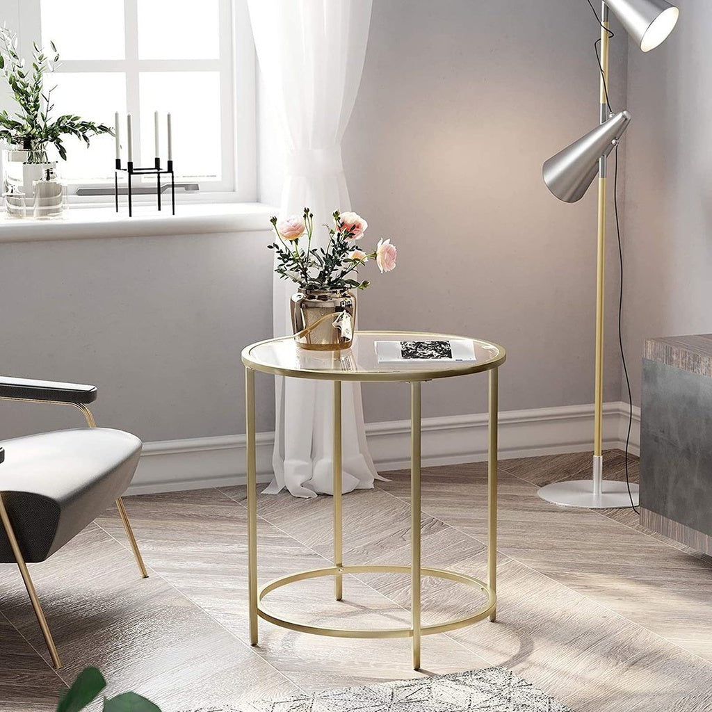 Round Side Table Tempered Glass with Metal Frame Small Coffee Table - Gold