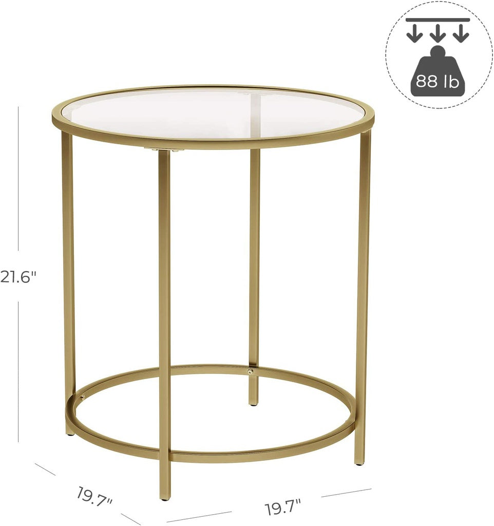 Round Side Table Tempered Glass with Metal Frame Small Coffee Table - Gold