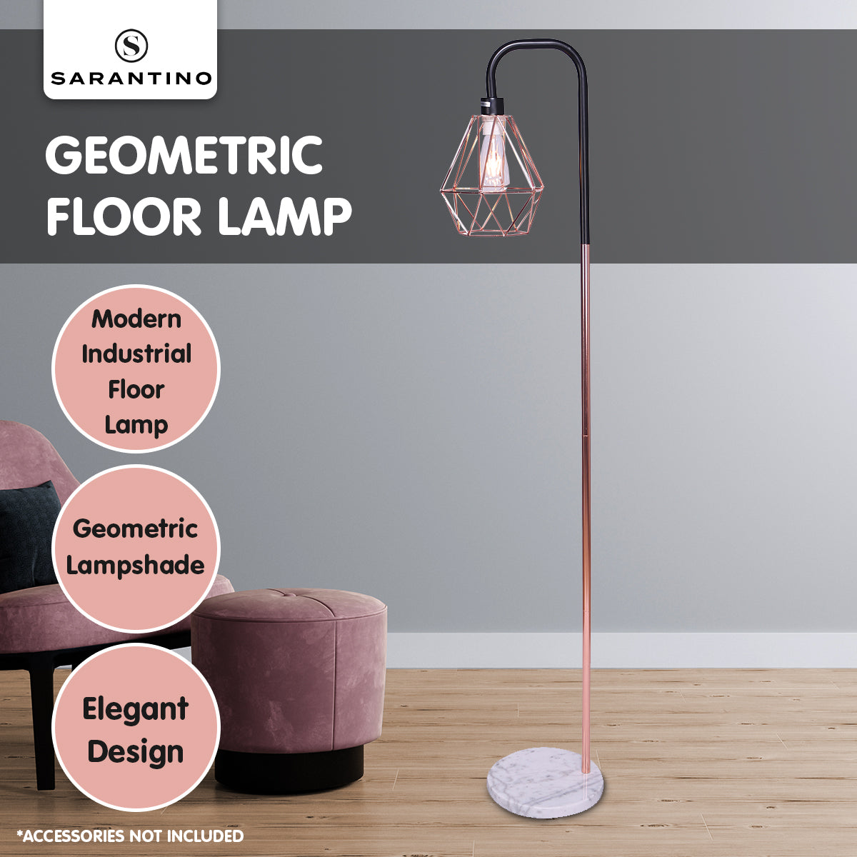 Rose Gold Floor Lamp with Geometric Shade and Marble Base