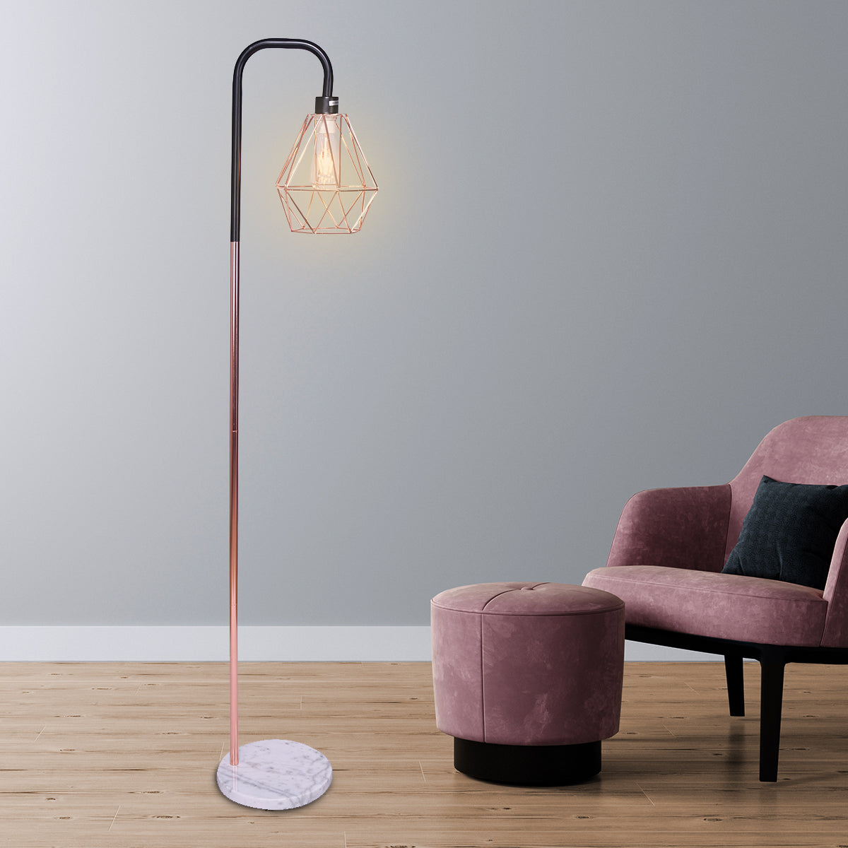 Rose Gold Floor Lamp with Geometric Shade and Marble Base