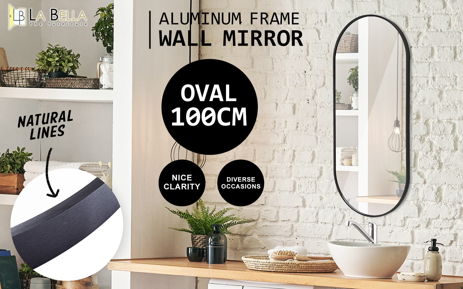 Black Wall Mirror Oval Aluminium Frame Makeup Decor Bathroom Vanity 45x100cm