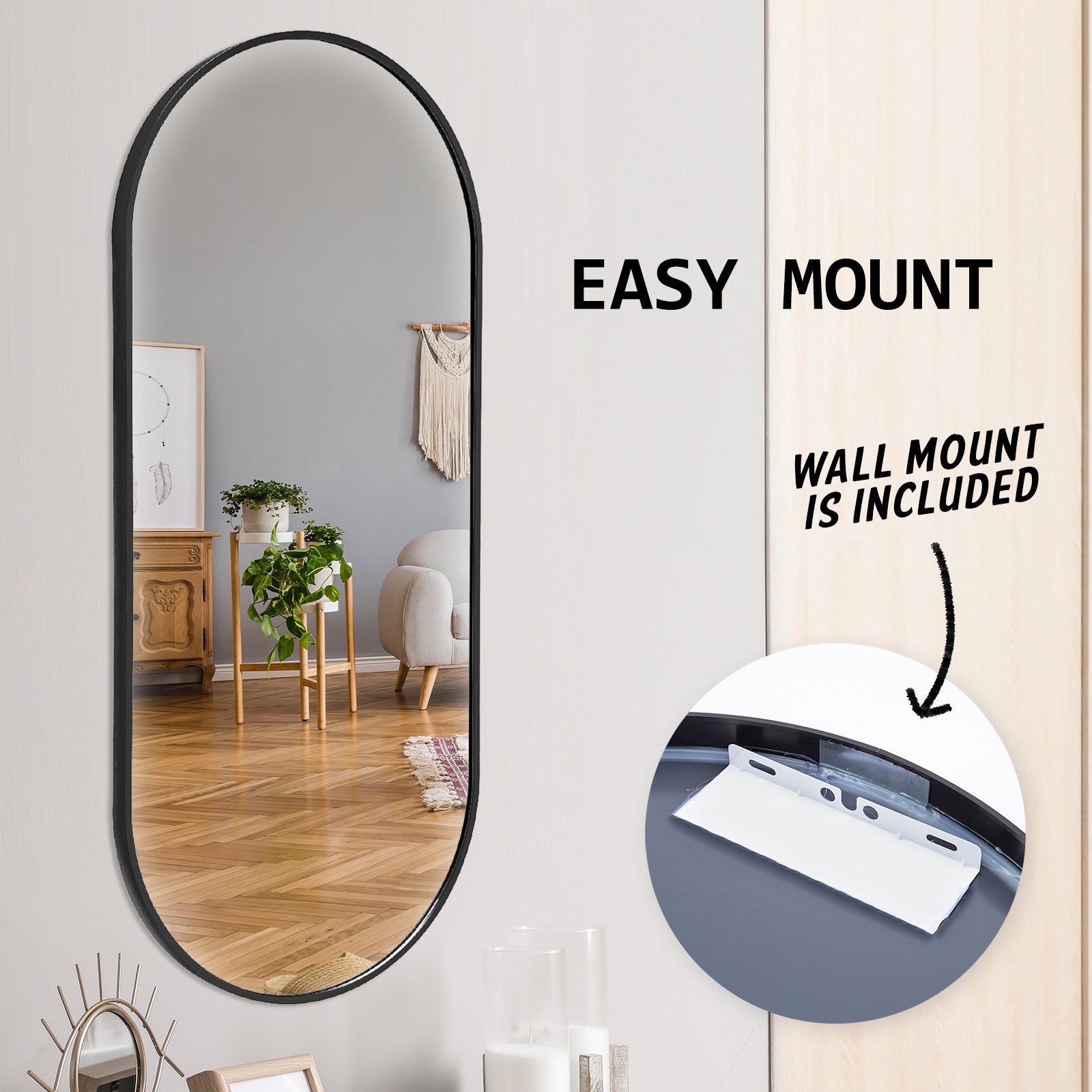 Black Wall Mirror Oval Aluminium Frame Makeup Decor Bathroom Vanity 45x100cm