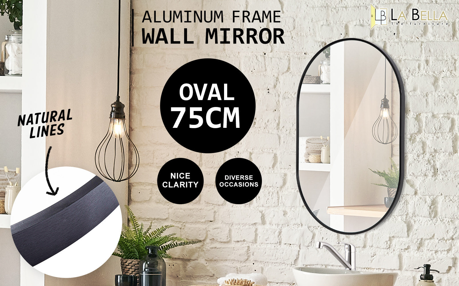 Black Wall Mirror Oval Aluminium Frame Makeup Decor Bathroom Vanity 50x75cm