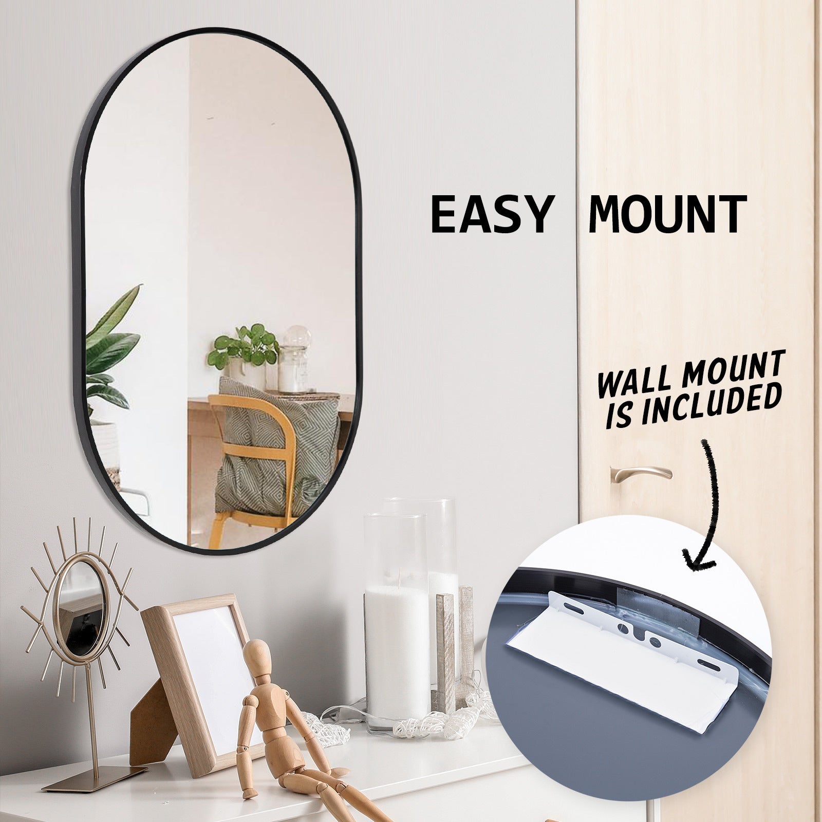 Black Wall Mirror Oval Aluminium Frame Makeup Decor Bathroom Vanity 50x75cm