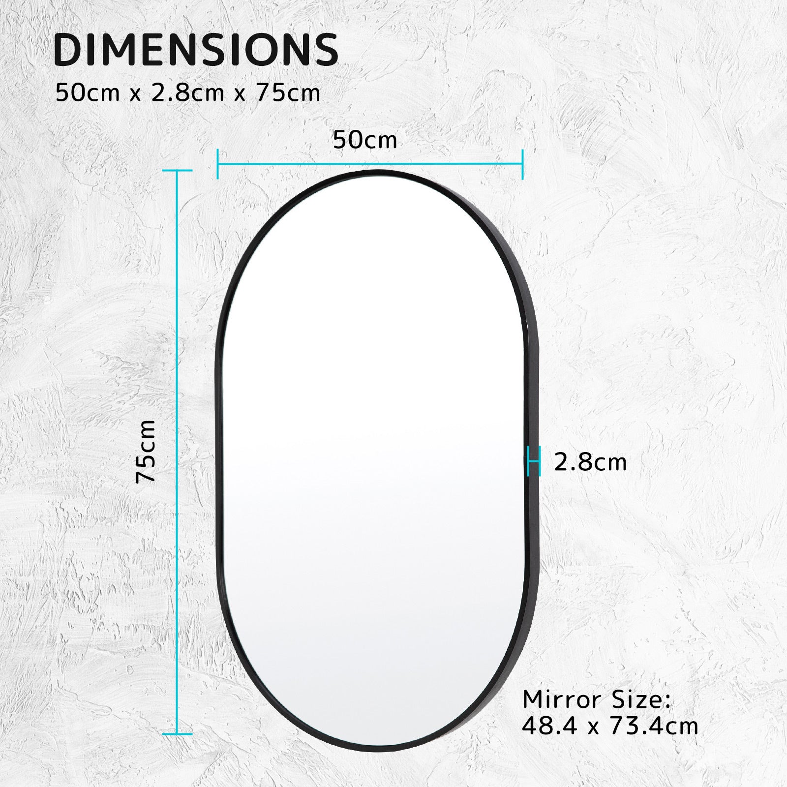 Black Wall Mirror Oval Aluminium Frame Makeup Decor Bathroom Vanity 50x75cm