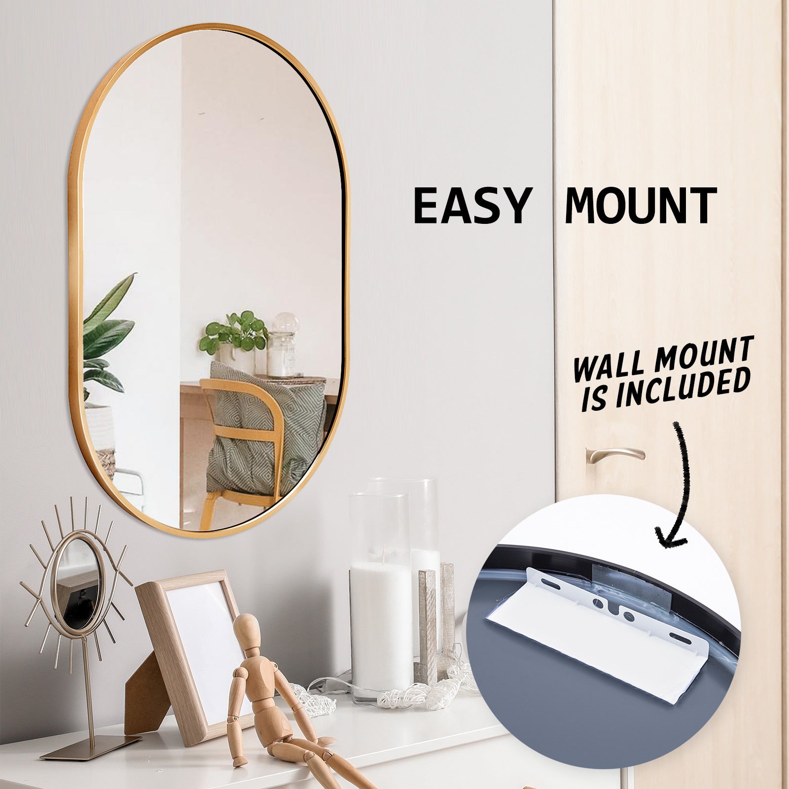 Gold Wall Mirror Oval Aluminium Frame Makeup Decor Bathroom Vanity 50x75cm