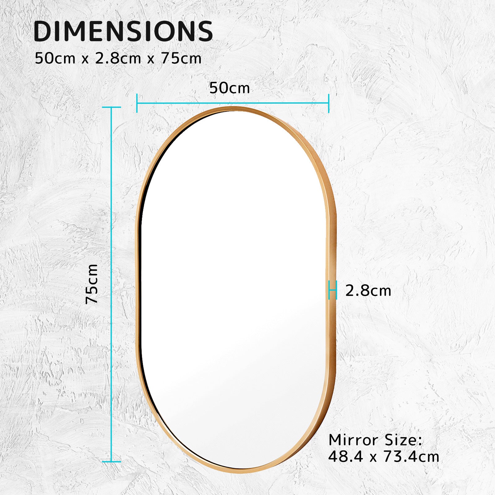 Gold Wall Mirror Oval Aluminium Frame Makeup Decor Bathroom Vanity 50x75cm