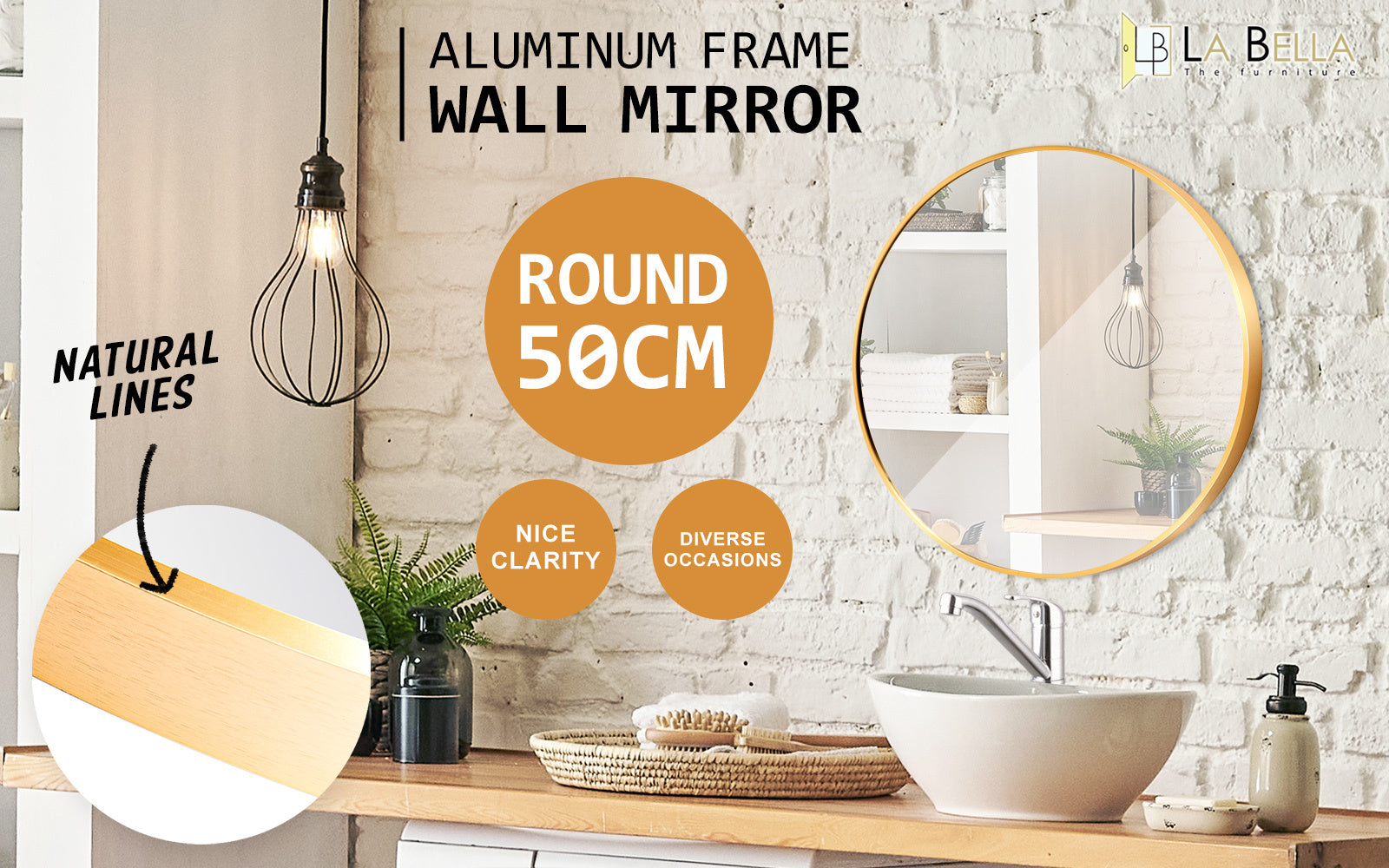 Gold Wall Mirror Round Aluminium Frame Makeup Decor Bathroom Vanity 50cm