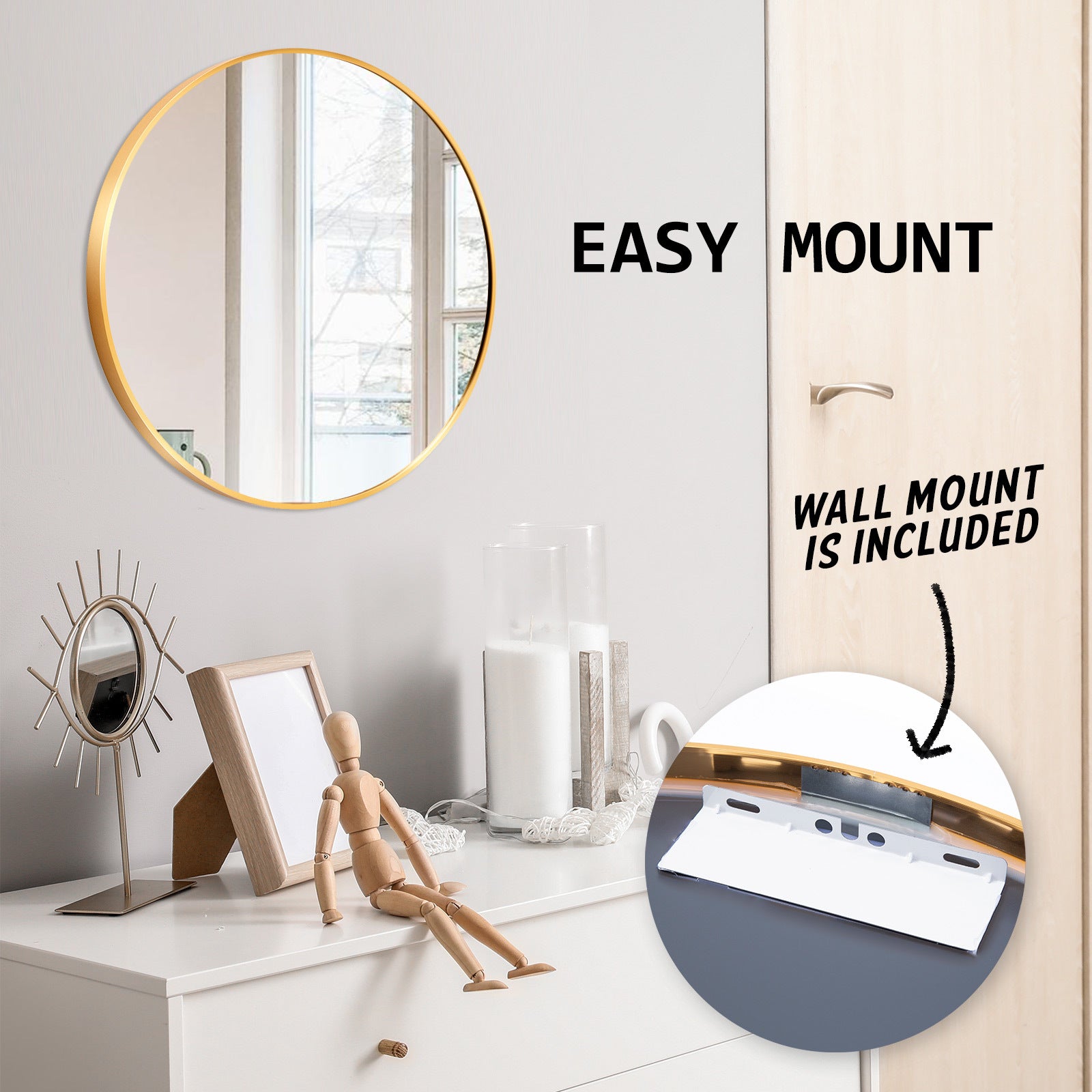 Gold Wall Mirror Round Aluminium Frame Makeup Decor Bathroom Vanity 50cm