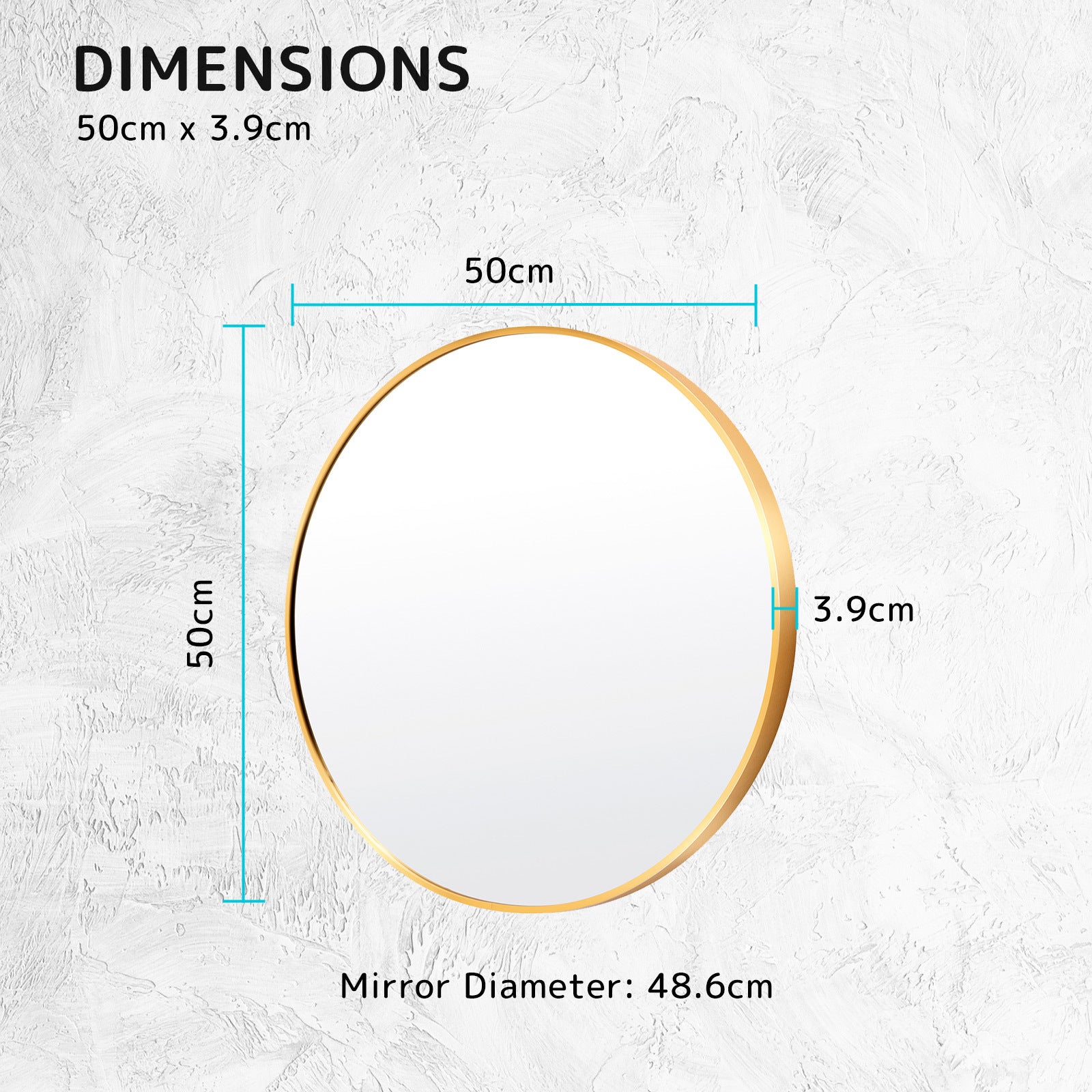 Gold Wall Mirror Round Aluminium Frame Makeup Decor Bathroom Vanity 50cm