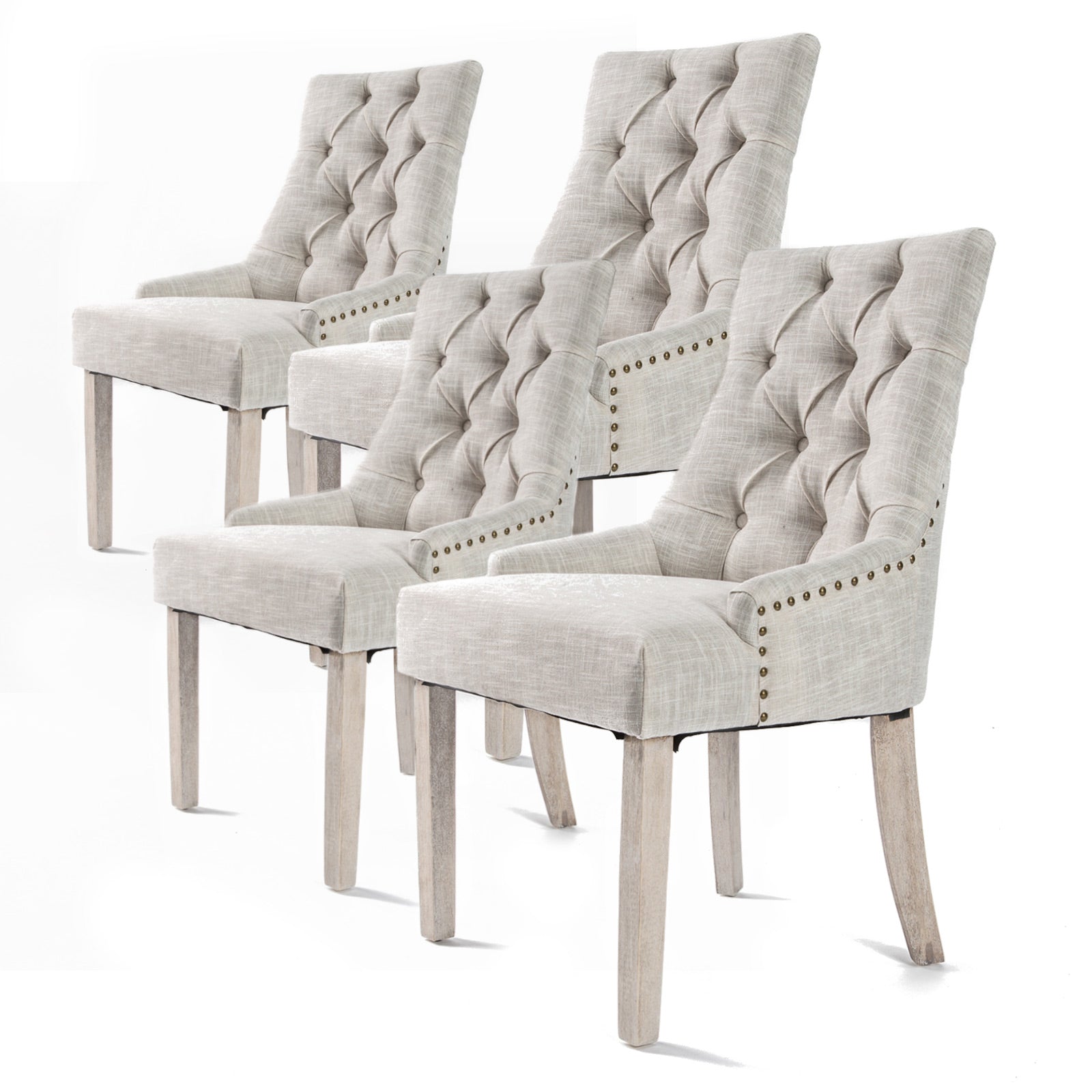 4x Faux Linen French Provincial Dining Chair Brass Studded Oak Leg - Cream Beige