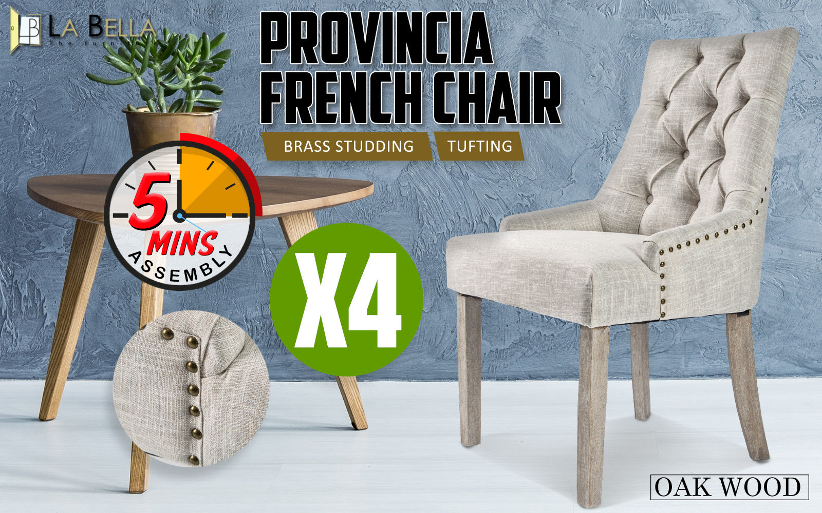 4x Faux Linen French Provincial Dining Chair Brass Studded Oak Leg - Cream Beige