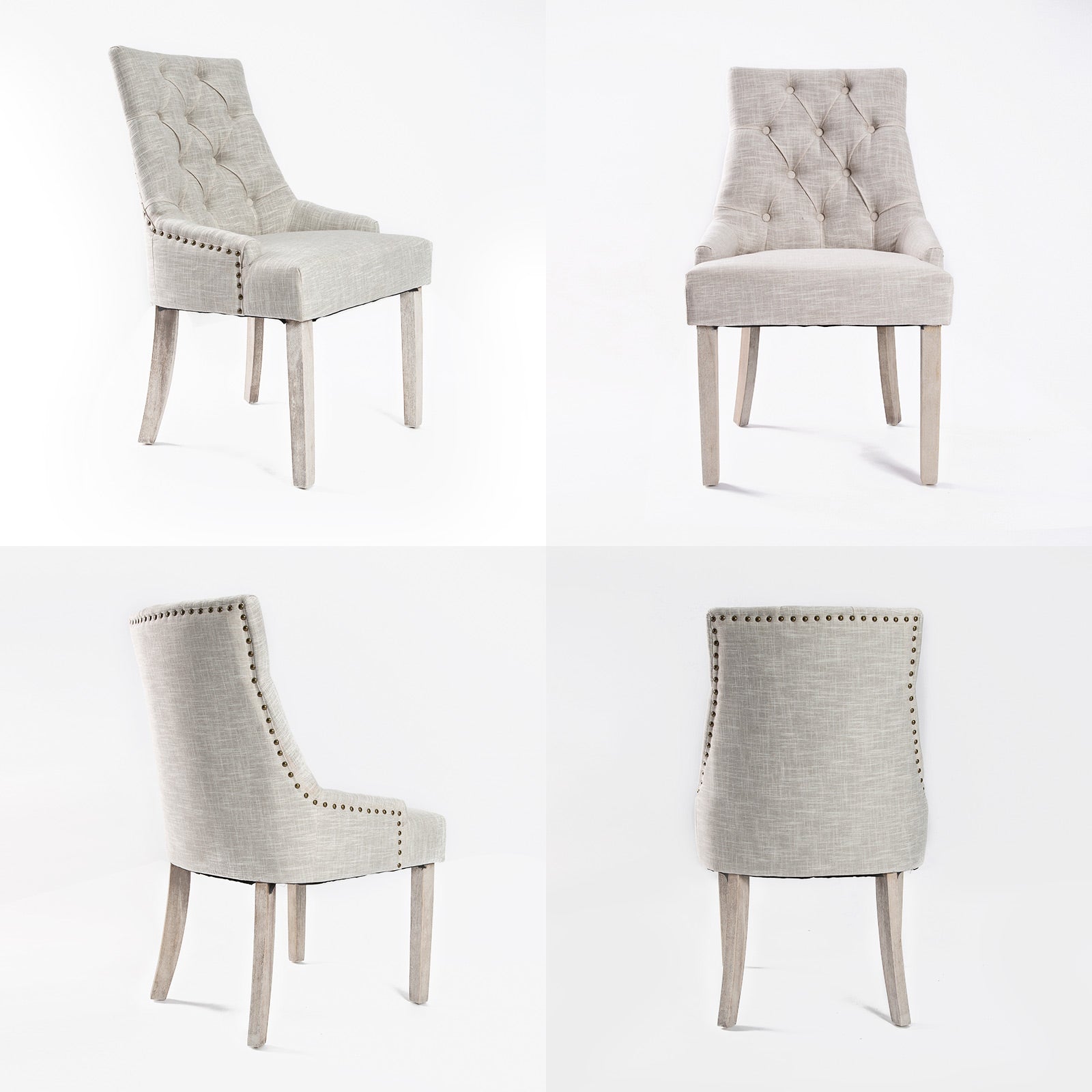 4x Faux Linen French Provincial Dining Chair Brass Studded Oak Leg - Cream Beige