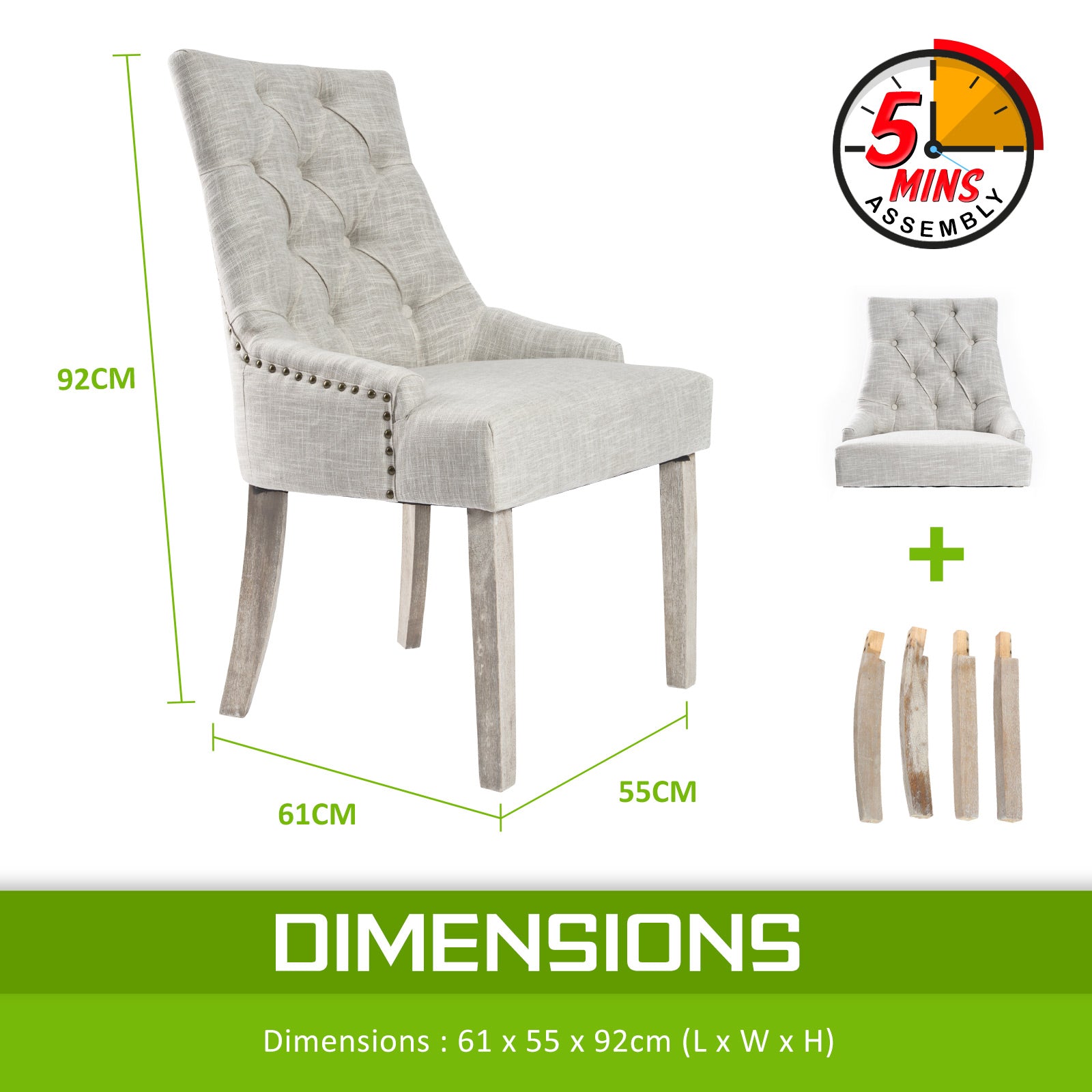 4x Faux Linen French Provincial Dining Chair Brass Studded Oak Leg - Cream Beige