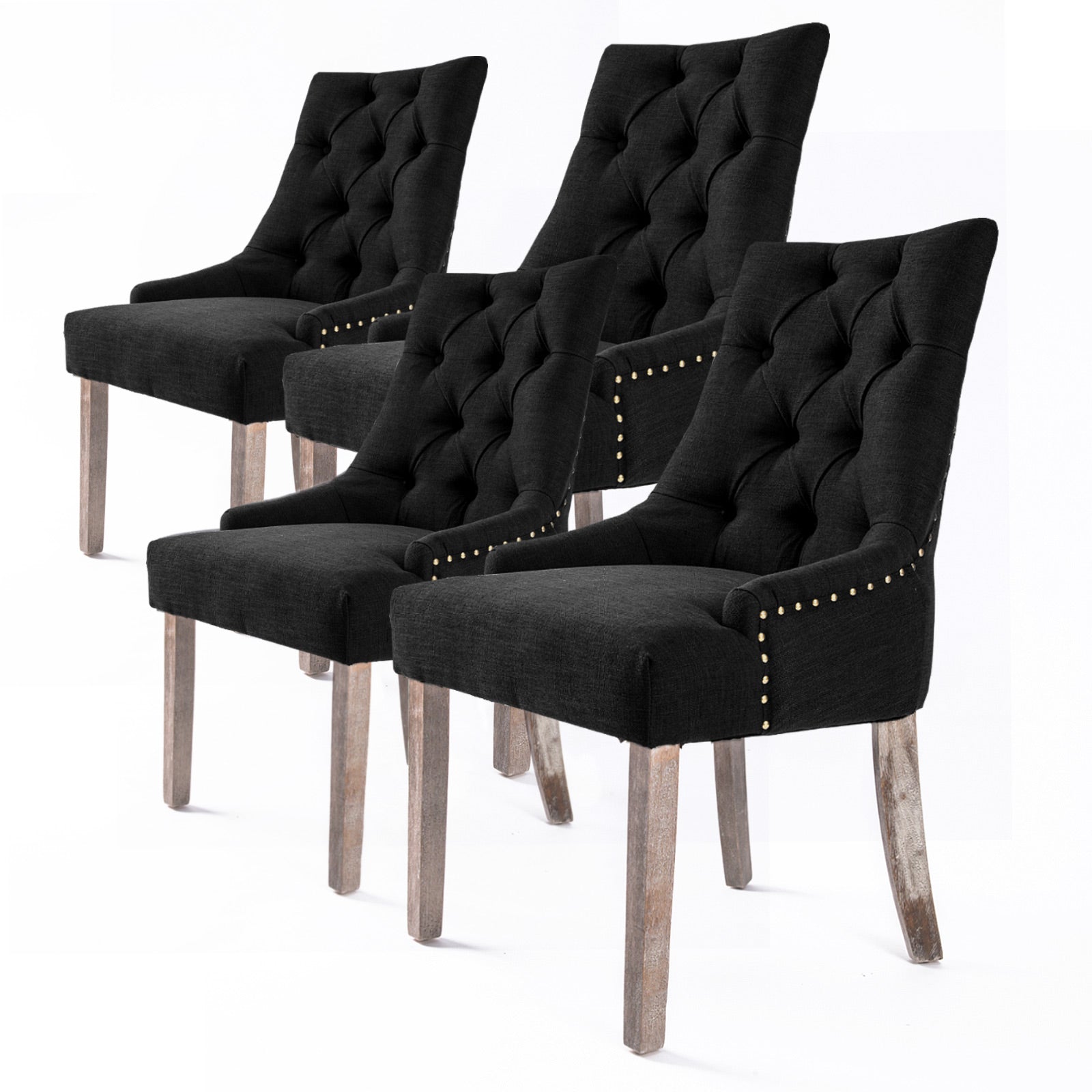 4x Faux Linen French Provincial Dining Chair Oak Leg - Charcoal Black