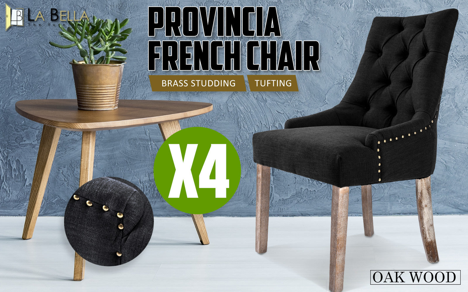 4x Faux Linen French Provincial Dining Chair Oak Leg - Charcoal Black