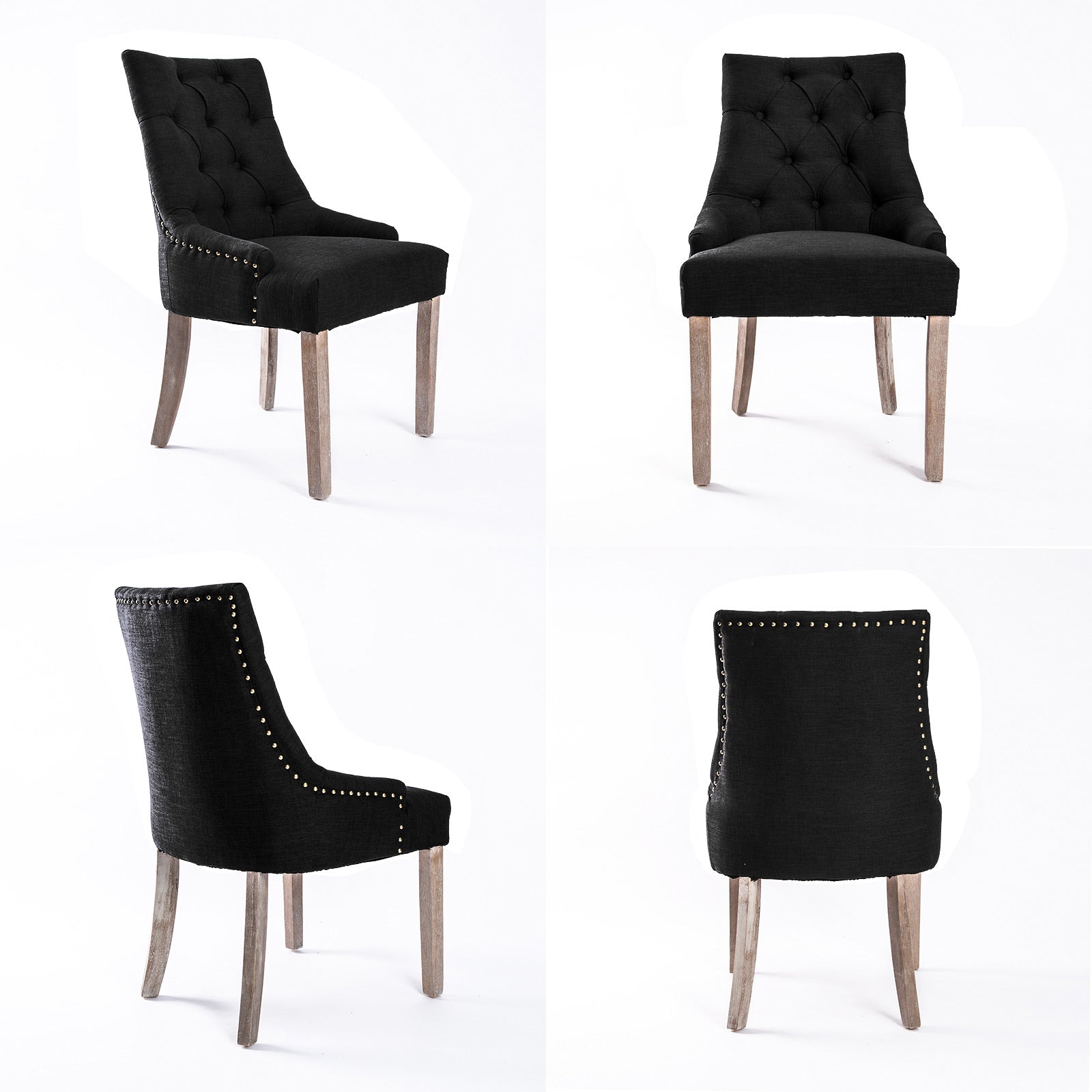 4x Faux Linen French Provincial Dining Chair Oak Leg - Charcoal Black