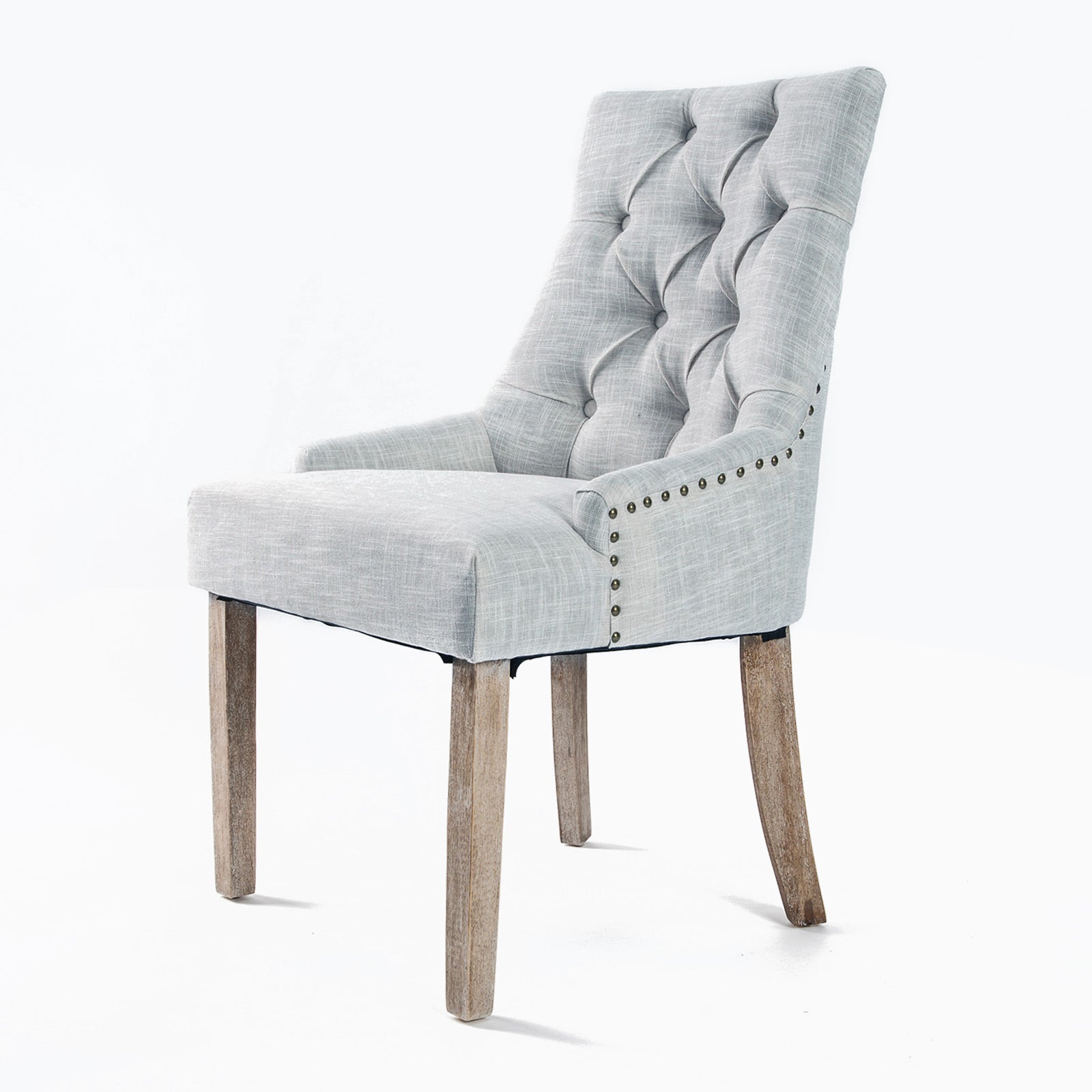 Single Faux Linen French Provincial Dining Chair Brass Studded Oak Leg - Light Grey