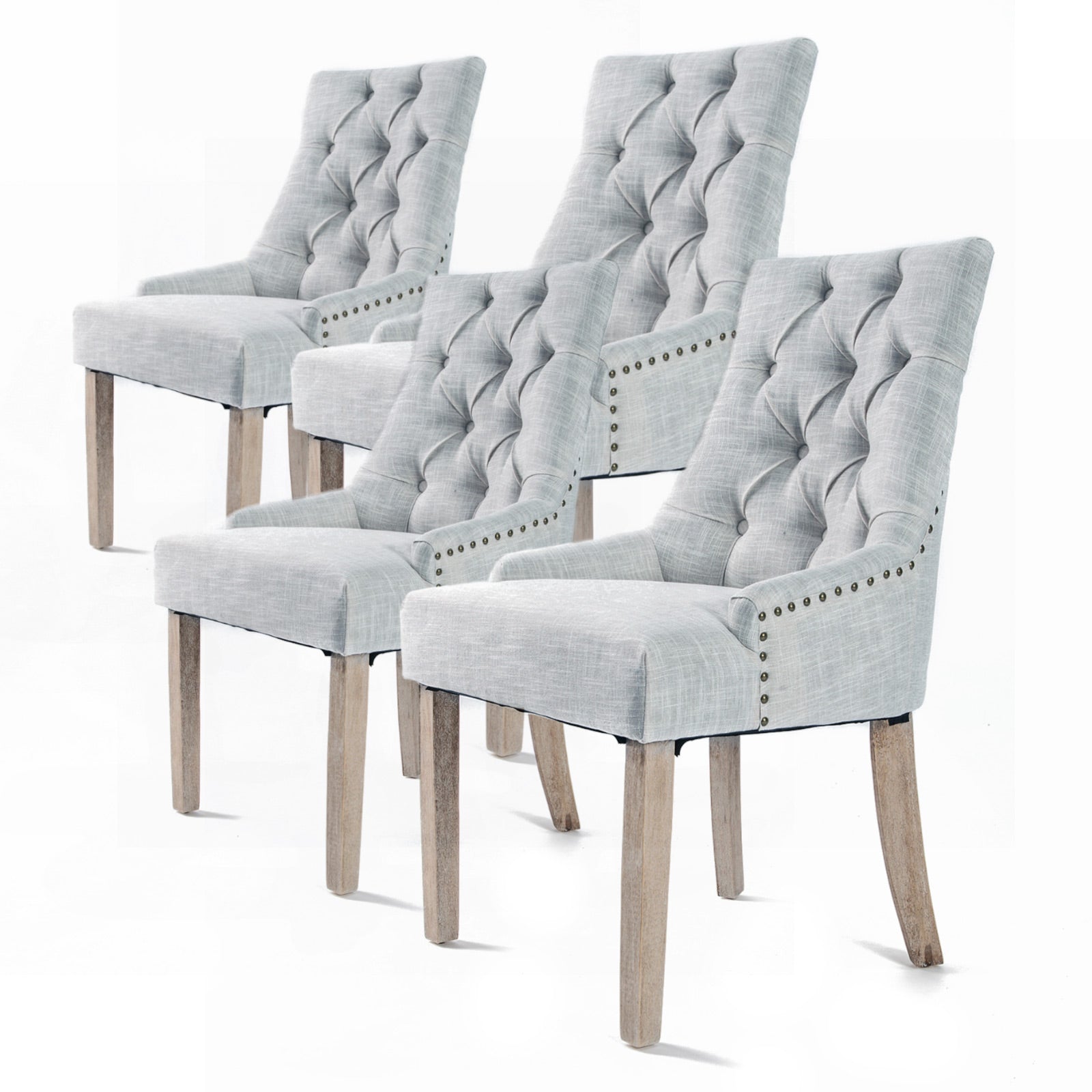 4x Faux Linen French Provincial Dining Chair Brass Studded Oak Leg - Light Grey