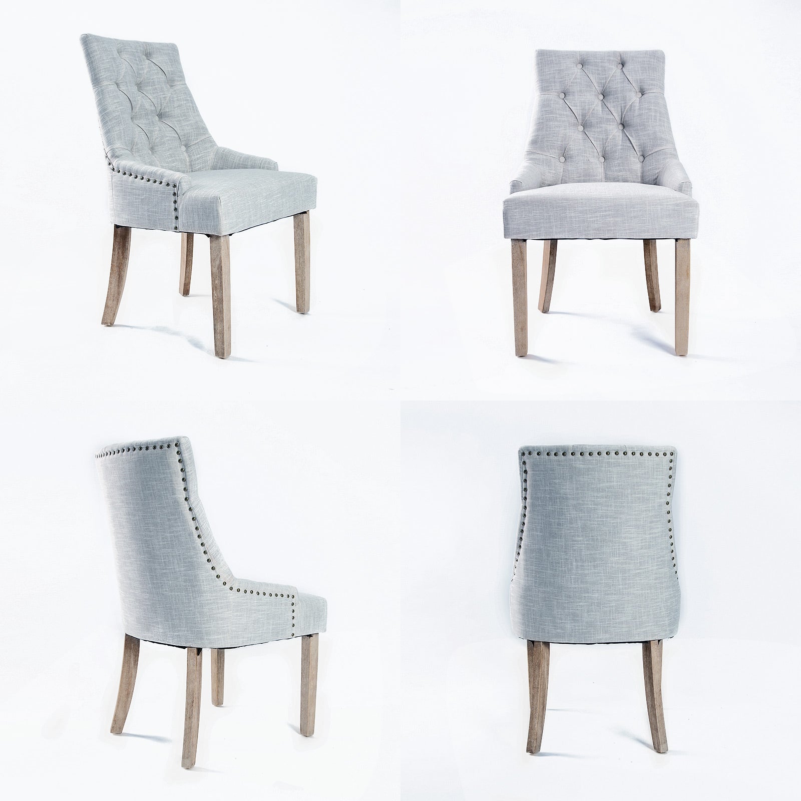 4x Faux Linen French Provincial Dining Chair Brass Studded Oak Leg - Light Grey