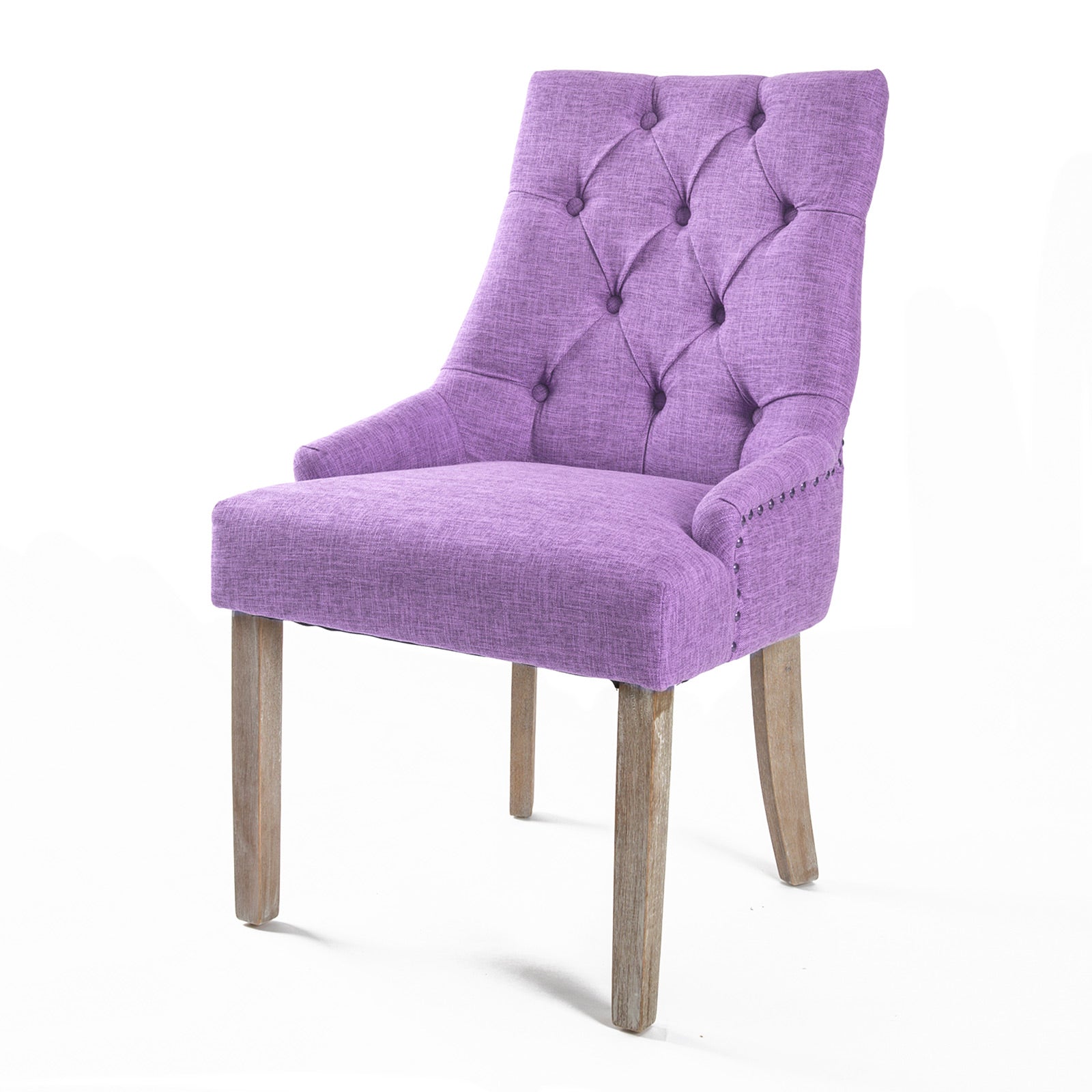 Single Faux Linen French Provincial Dining Chair Brass Studded Oak Leg - Violet