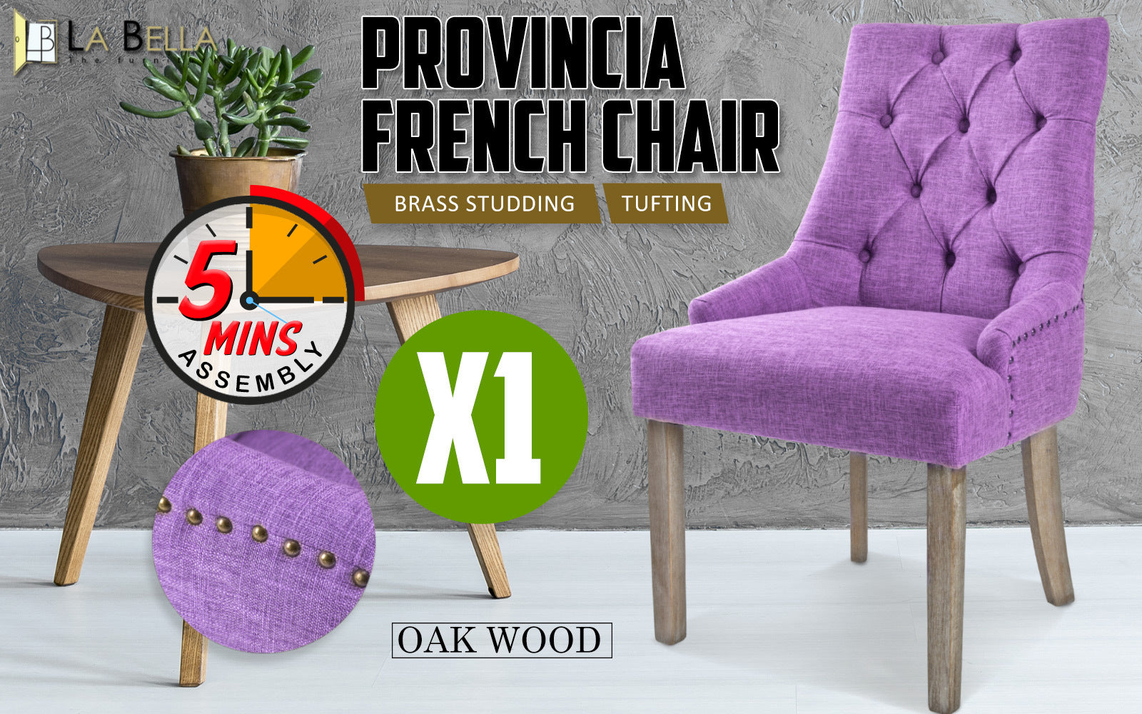 Single Faux Linen French Provincial Dining Chair Brass Studded Oak Leg - Violet