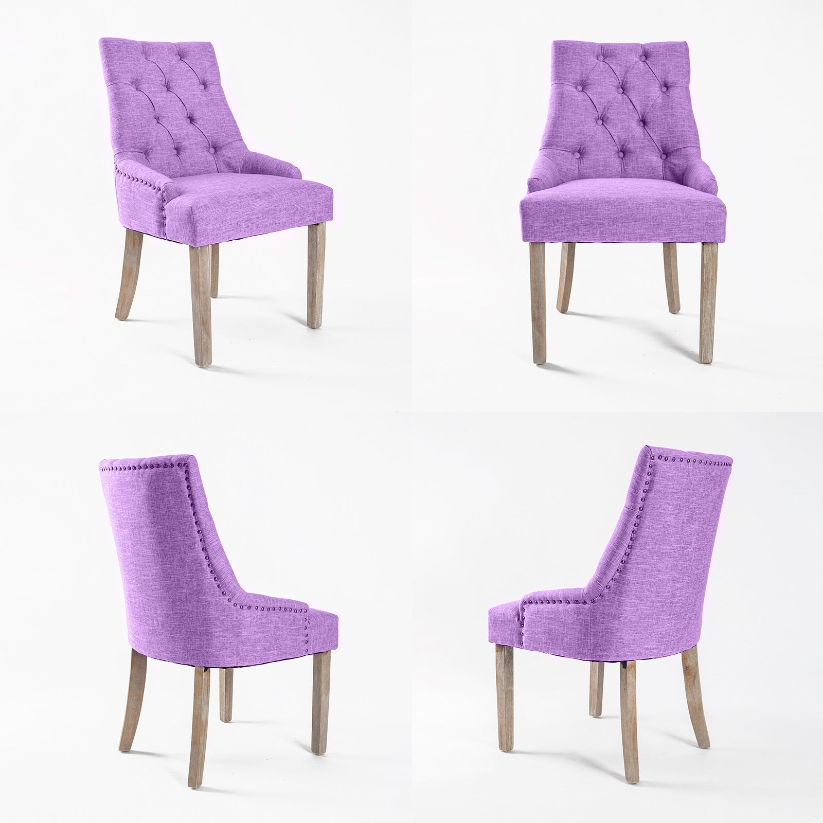 Single Faux Linen French Provincial Dining Chair Brass Studded Oak Leg - Violet