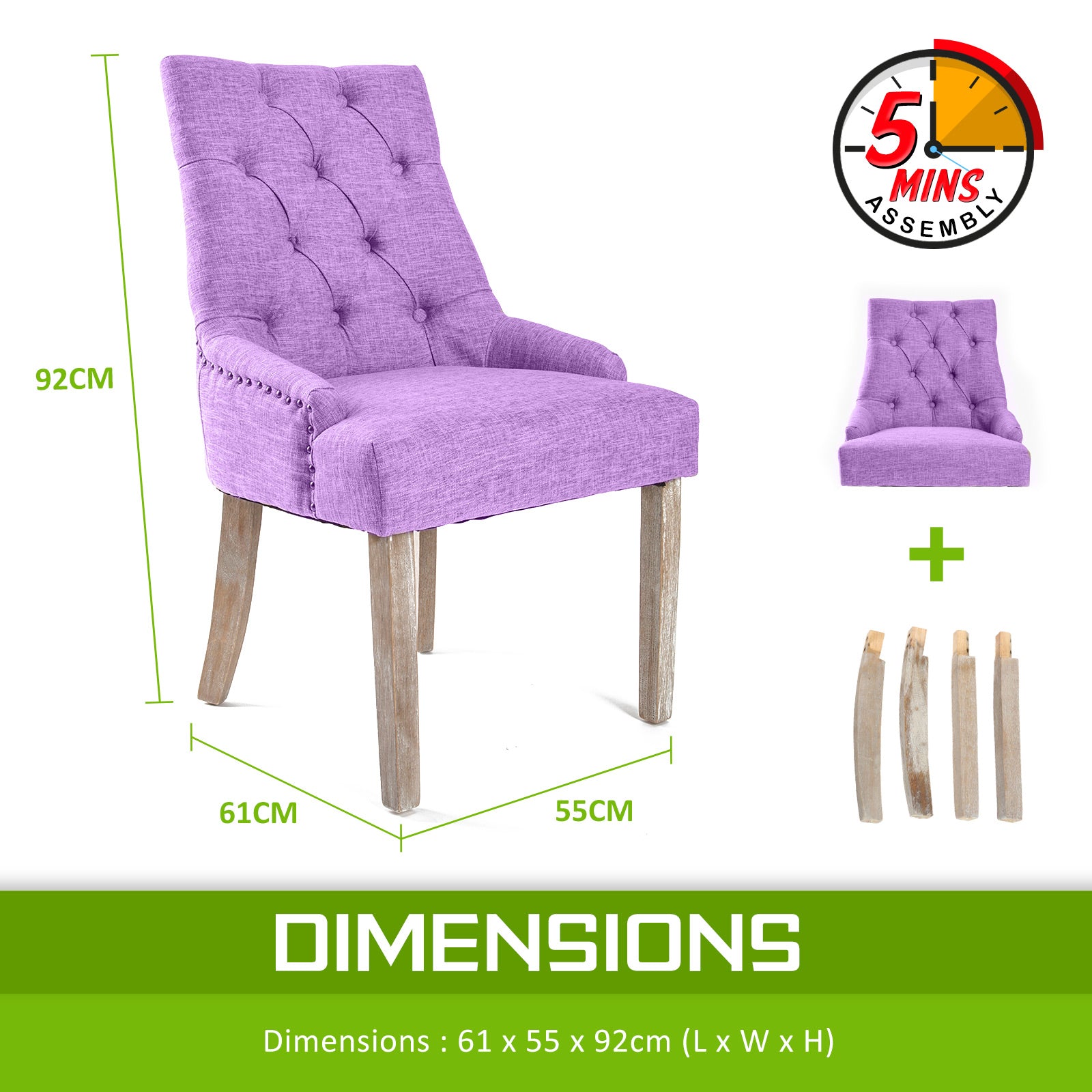 Single Faux Linen French Provincial Dining Chair Brass Studded Oak Leg - Violet