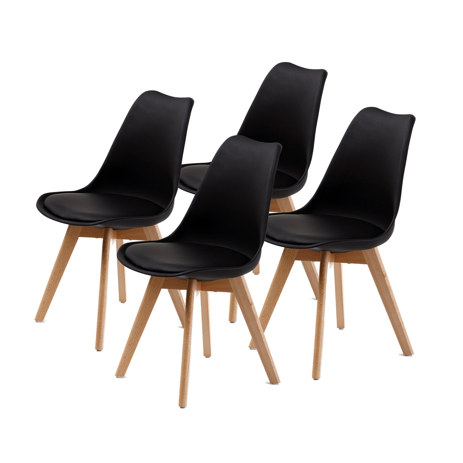 4x Retro Dining Cafe Chair PU Leather Padded Seat Beech Wood - Black