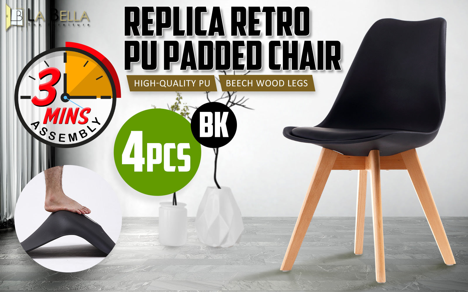 4x Retro Dining Cafe Chair PU Leather Padded Seat Beech Wood - Black