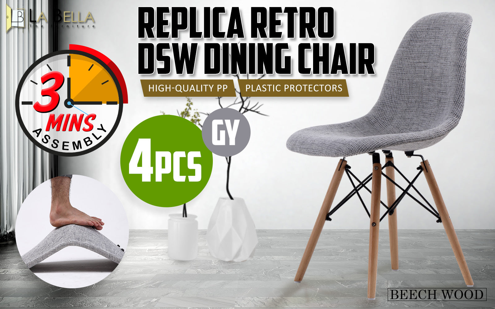 4x Retro Fabric Beech Wood Dining Cafe Chair - Grey