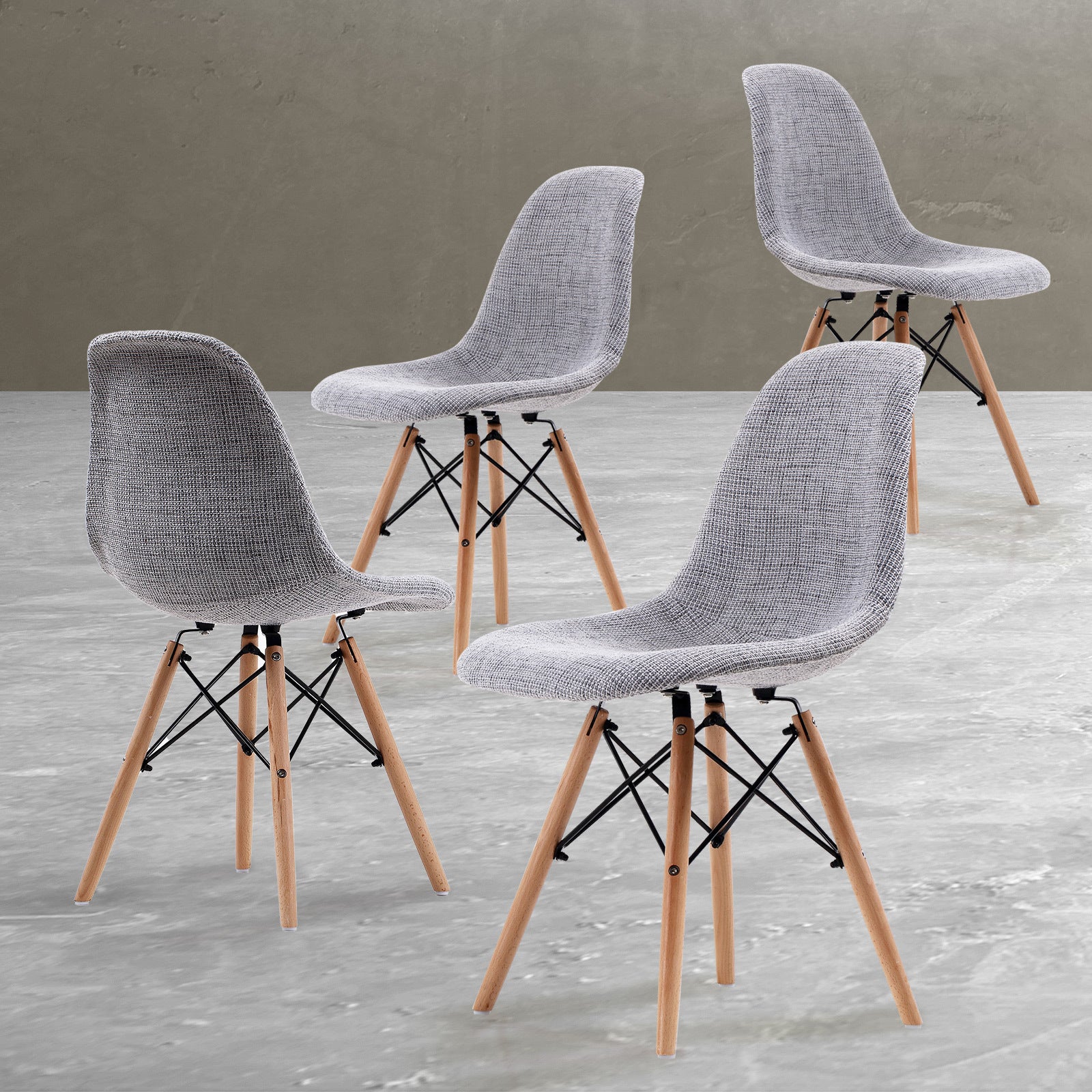 4x Retro Fabric Beech Wood Dining Cafe Chair - Grey