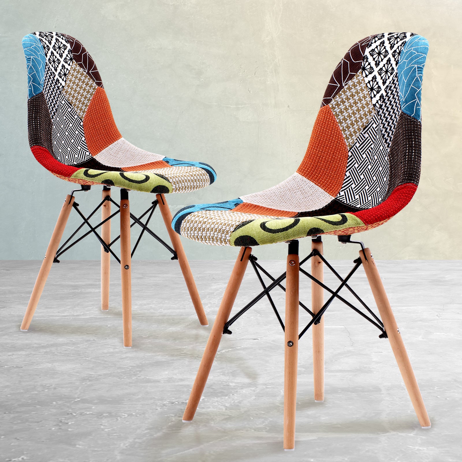 2x Fabric Beech Wood Retro Dining Chairs