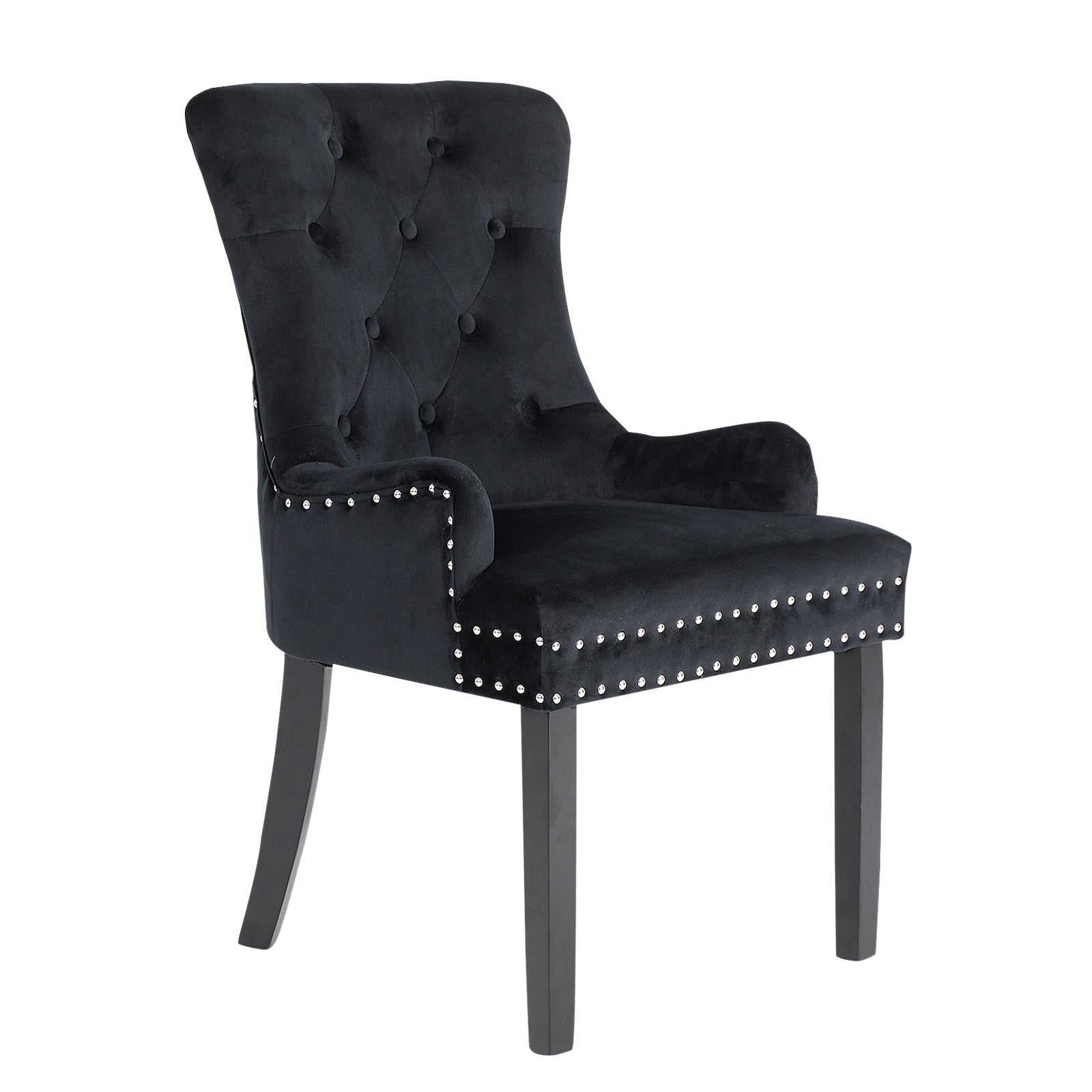 Single Velvet French Provincial Dining Chair Pull Ring Studded Rubber-wood - Black