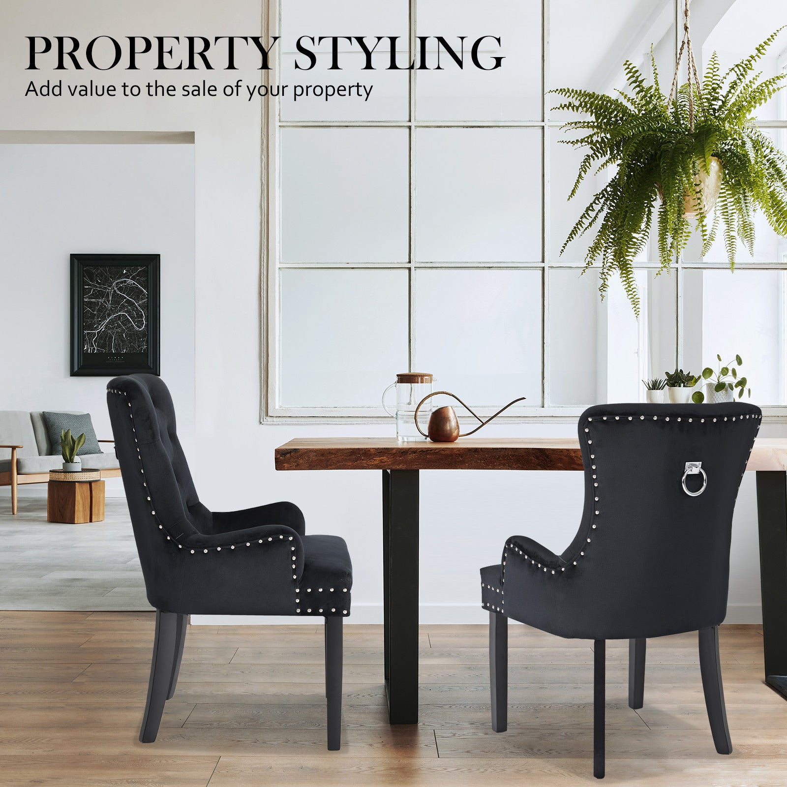 Single Velvet French Provincial Dining Chair Pull Ring Studded Rubber-wood - Black