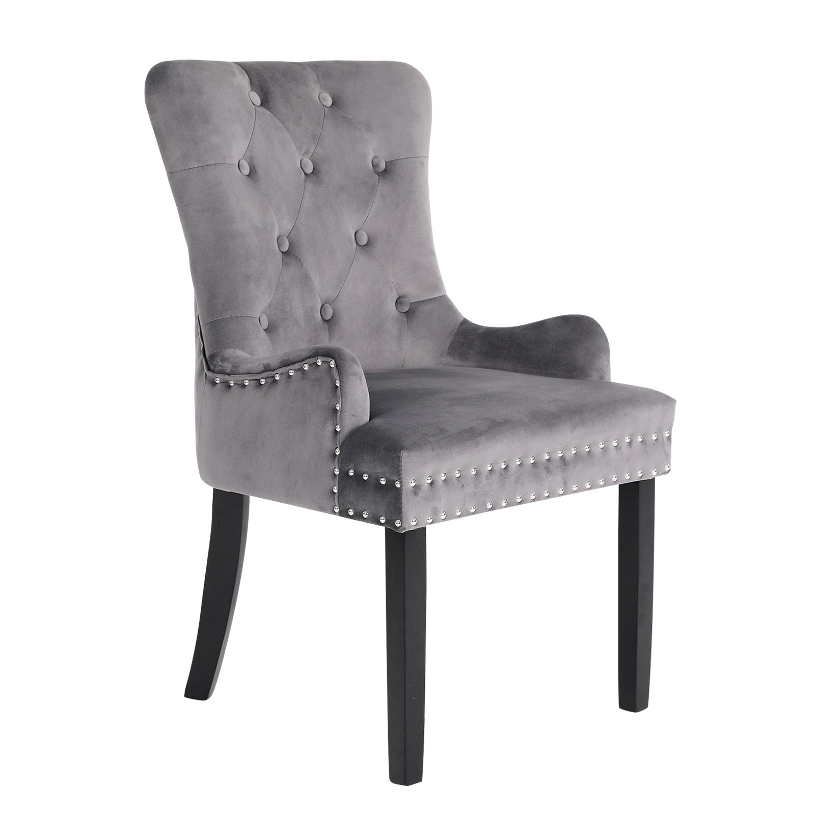 Single Velvet French Provincial Dining Chair Pull Ring Rubber-wood - Grey