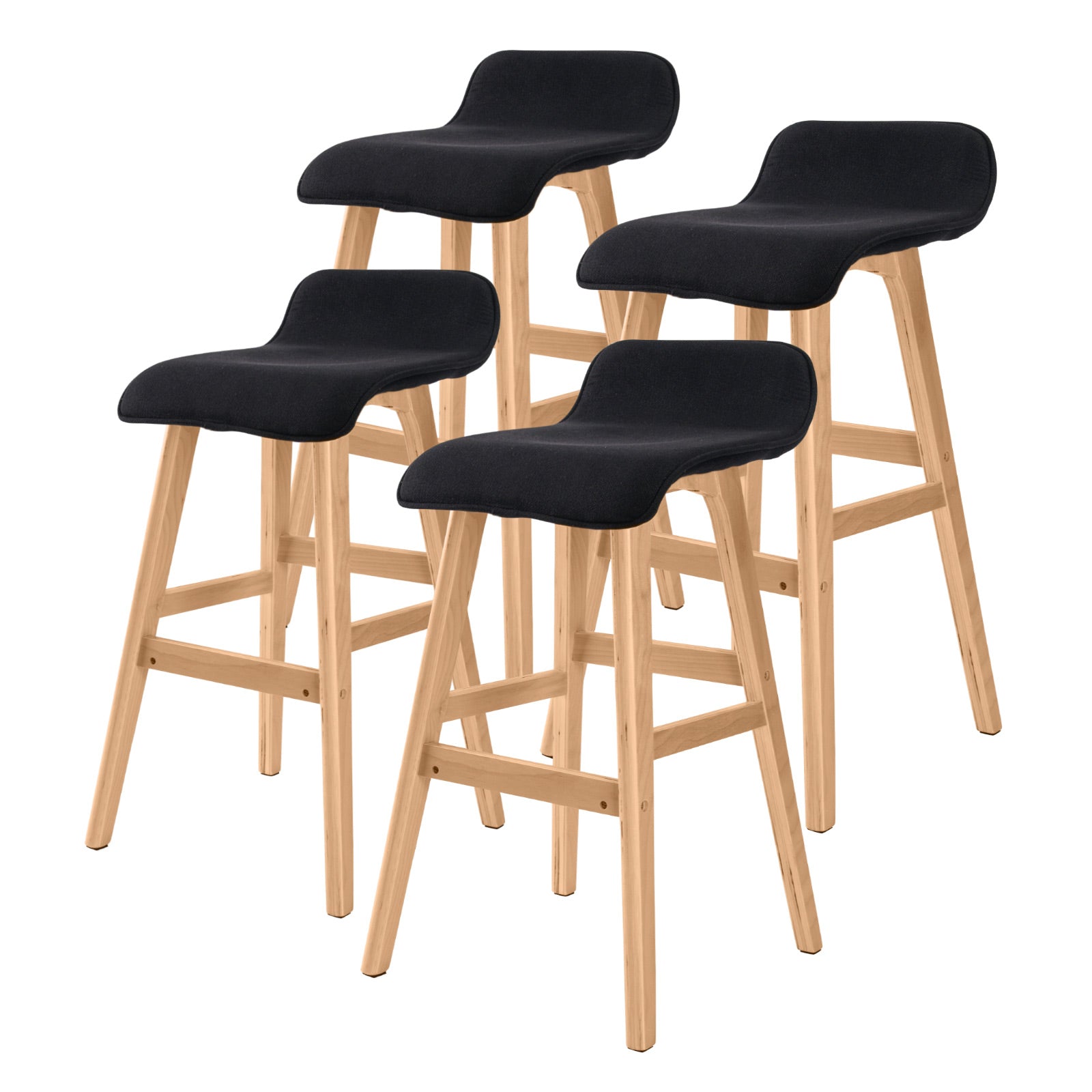 4x 65cm Wooden Bar Stool Soft Fabric - Black