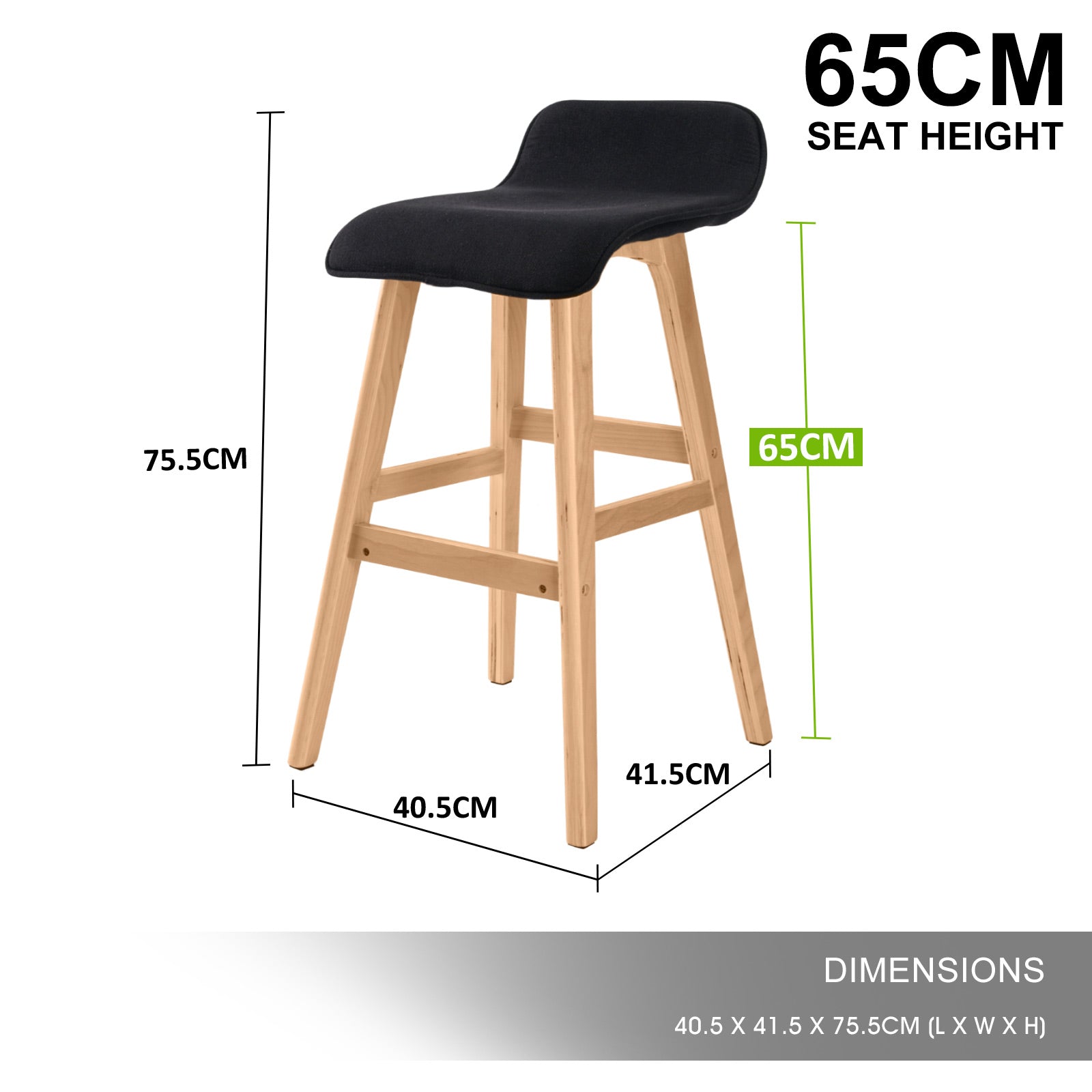 4x 65cm Wooden Bar Stool Soft Fabric - Black