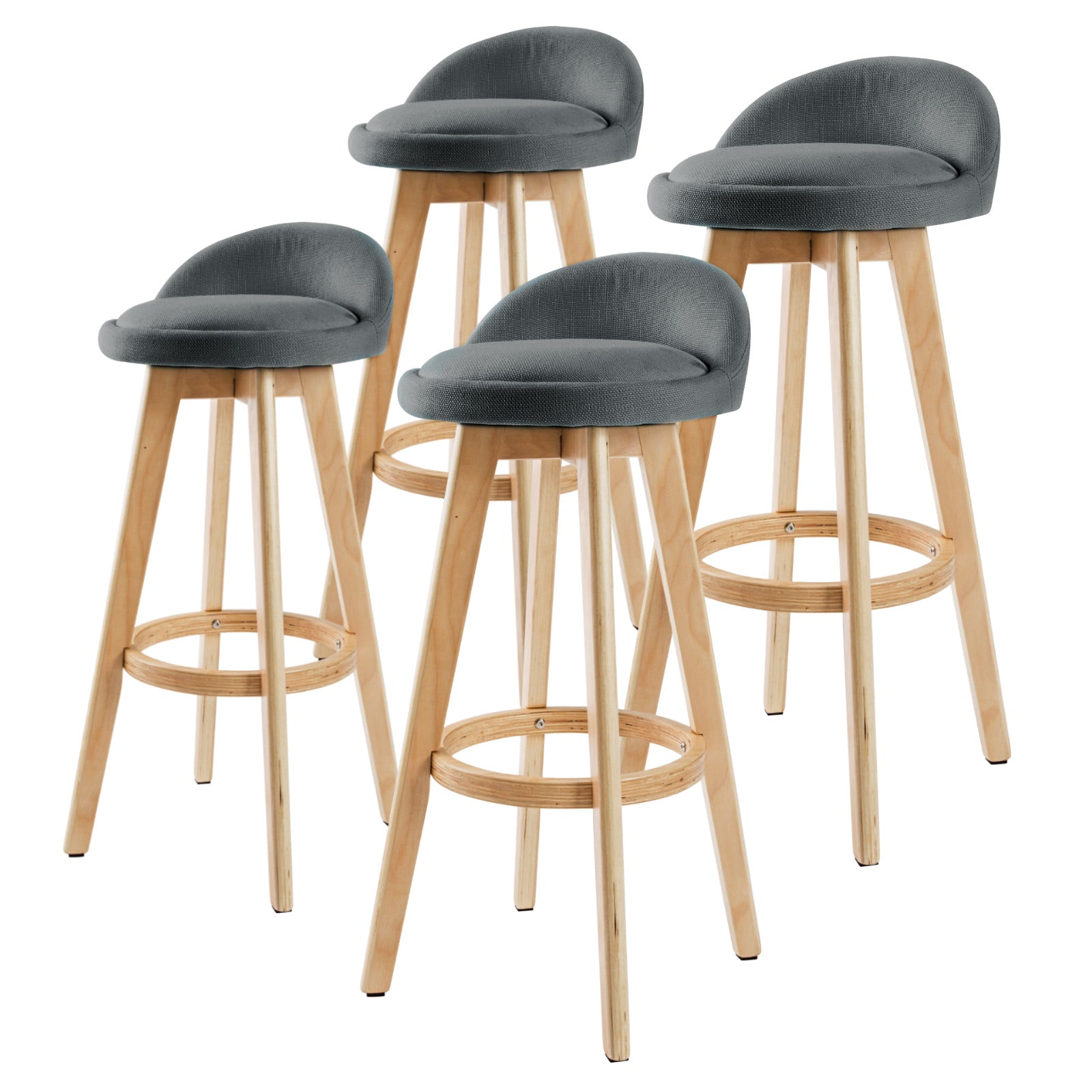 4x 72cm Swivel Wooden Bar Stool Soft Fabric - Grey